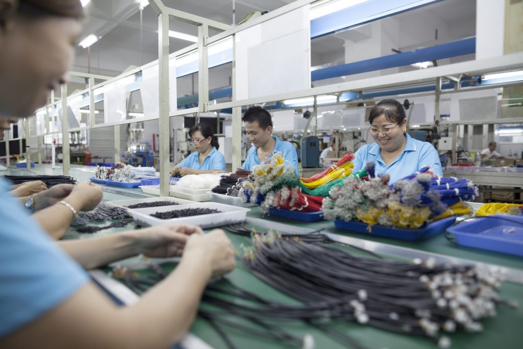 Workers at an electronics factory in China